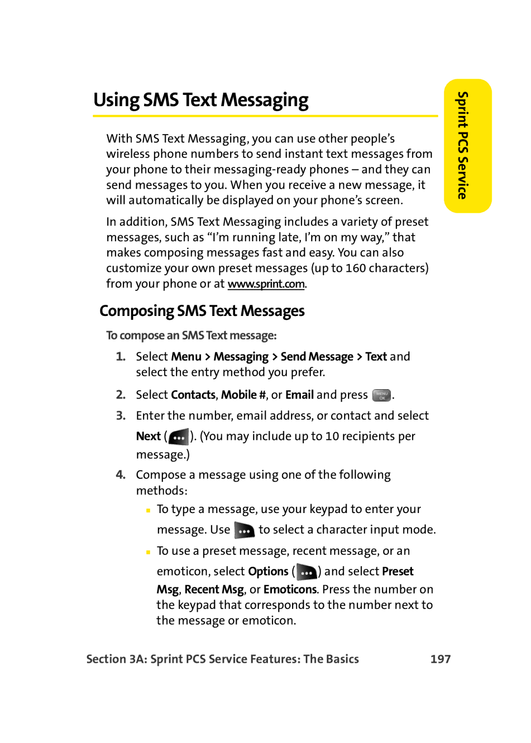 Sprint Nextel M500 manual Using SMS Text Messaging, Composing SMS Text Messages, To compose an SMS Text message, 197 