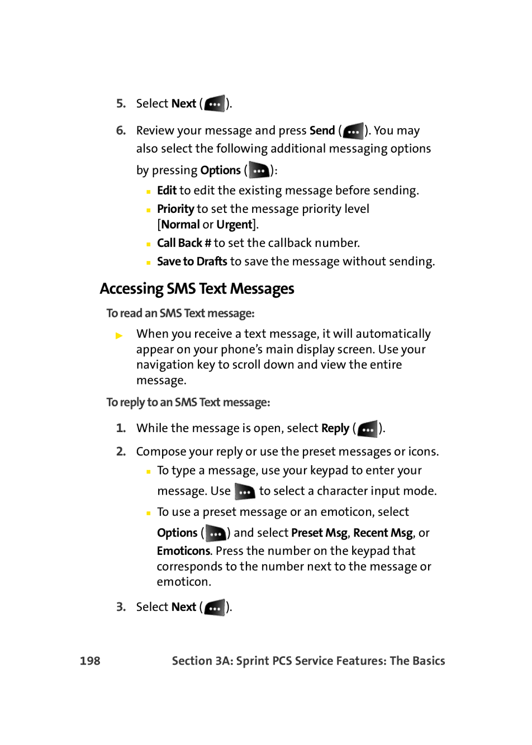 Sprint Nextel M500 manual Accessing SMS Text Messages, To read an SMS Text message, To reply to an SMS Text message, 198 