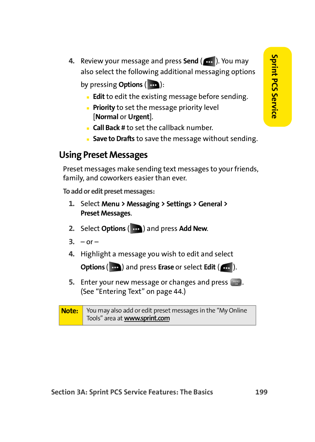 Sprint Nextel M500 manual Using Preset Messages, To add or edit preset messages, 199 