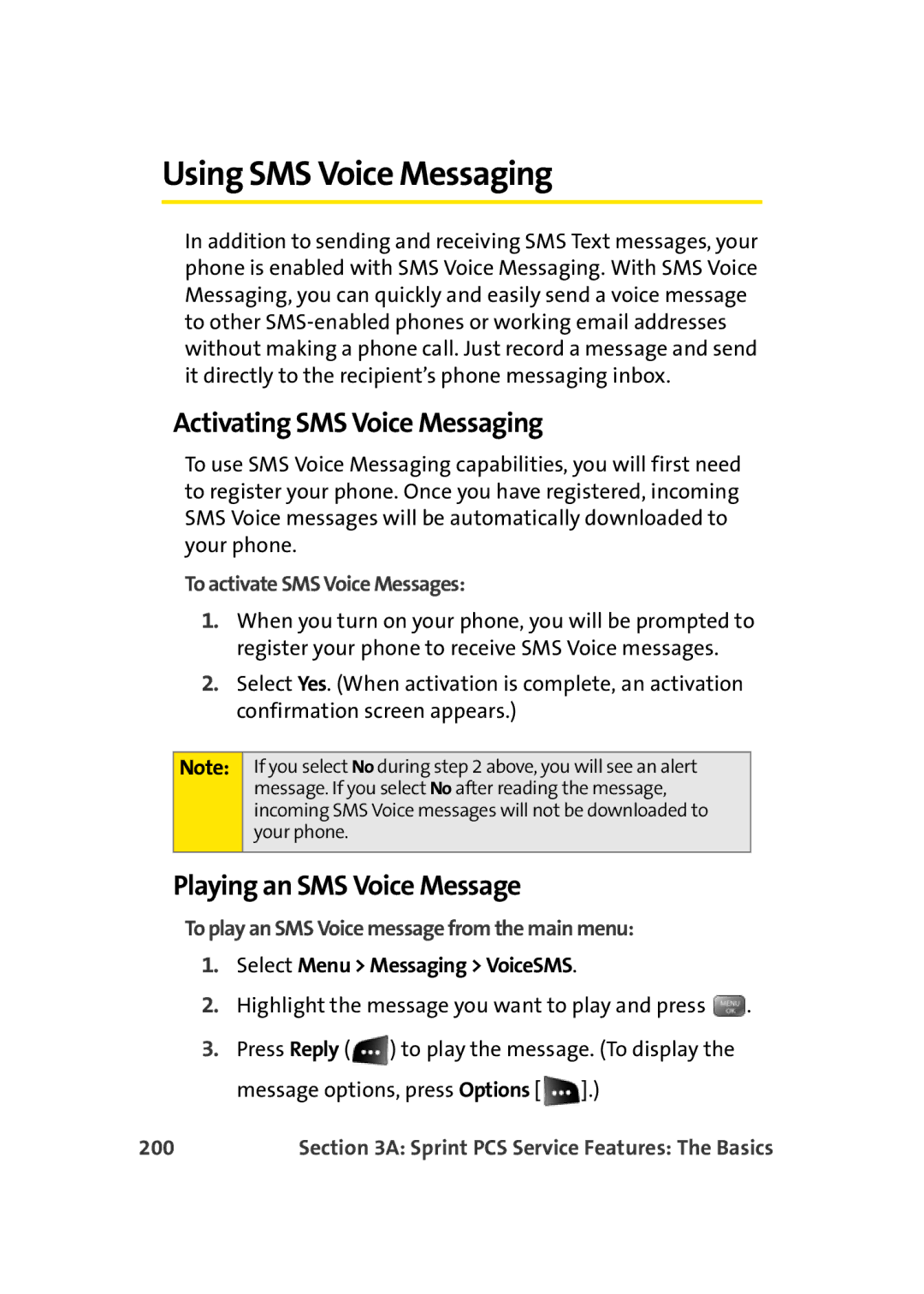 Sprint Nextel M500 manual Using SMS Voice Messaging, Activating SMS Voice Messaging, Playing an SMS Voice Message 