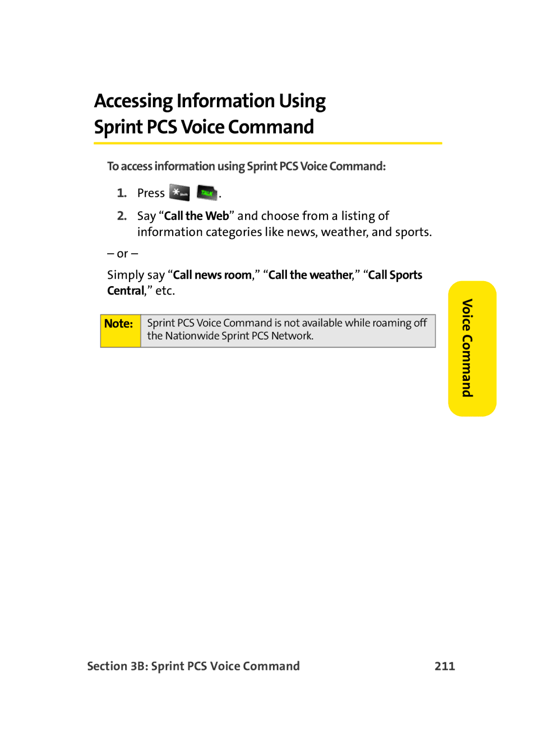 Sprint Nextel M500 manual Accessing Information Using Sprint PCS Voice Command, Sprint PCS Voice Command 211 