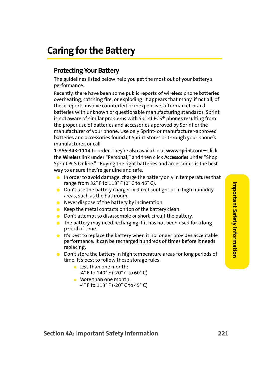 Sprint Nextel M500 manual Caring for the Battery, Protecting Your Battery, Important Safety Information 221 