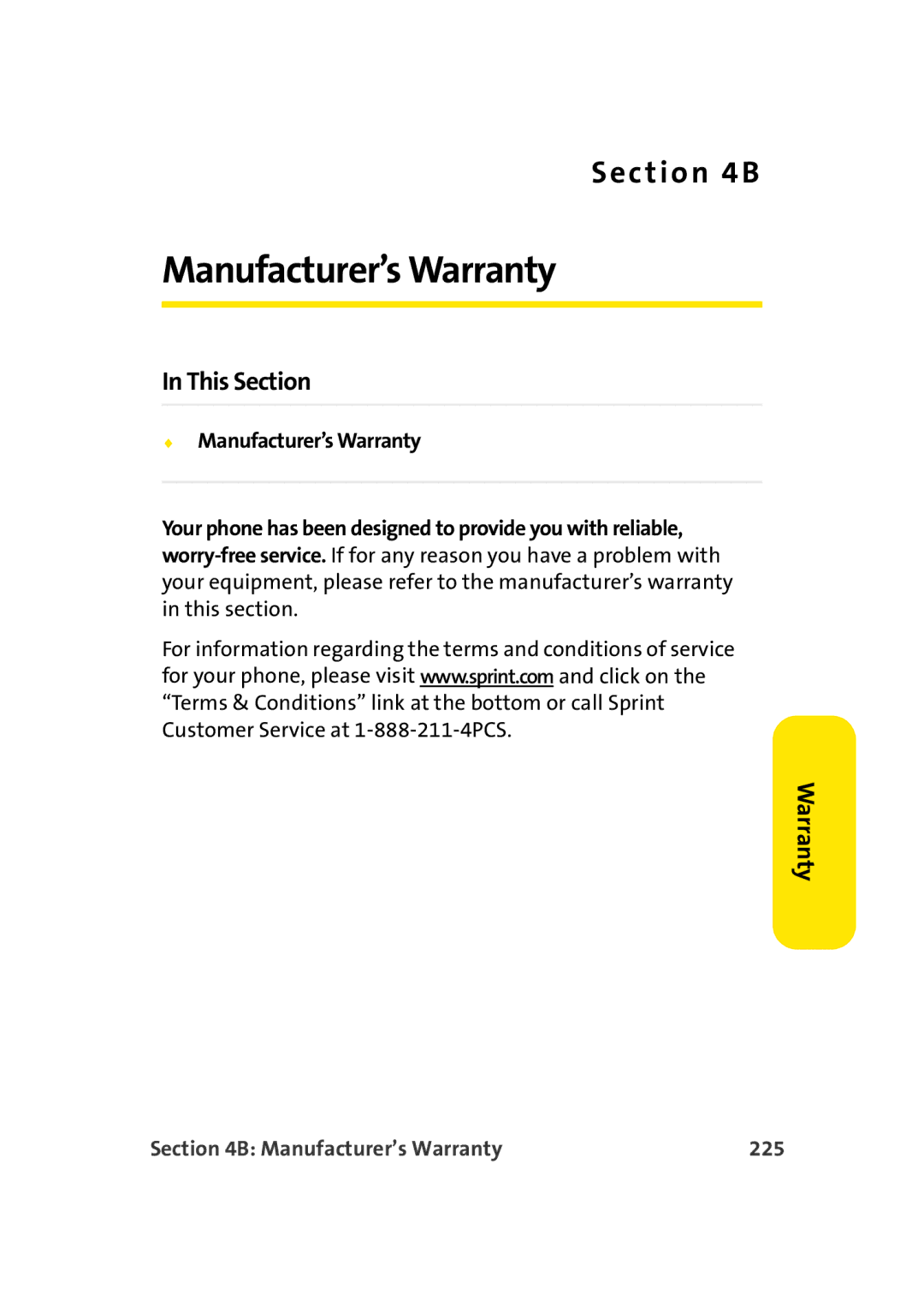 Sprint Nextel M500 manual Manufacturer’s Warranty 225 