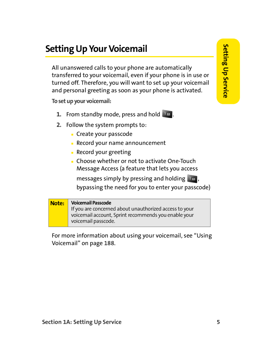 Sprint Nextel M500 manual Setting Up Your Voicemail, To set up your voicemail 