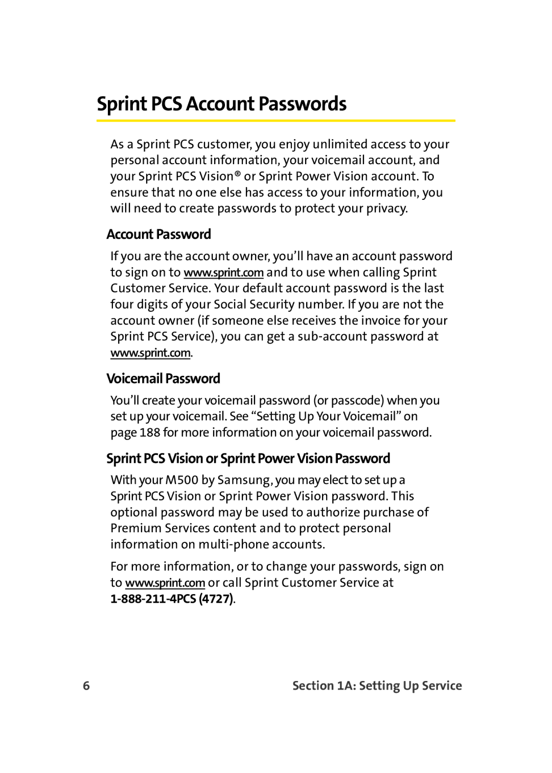Sprint Nextel M500 manual Sprint PCS Account Passwords, Account Password Voicemail Password 