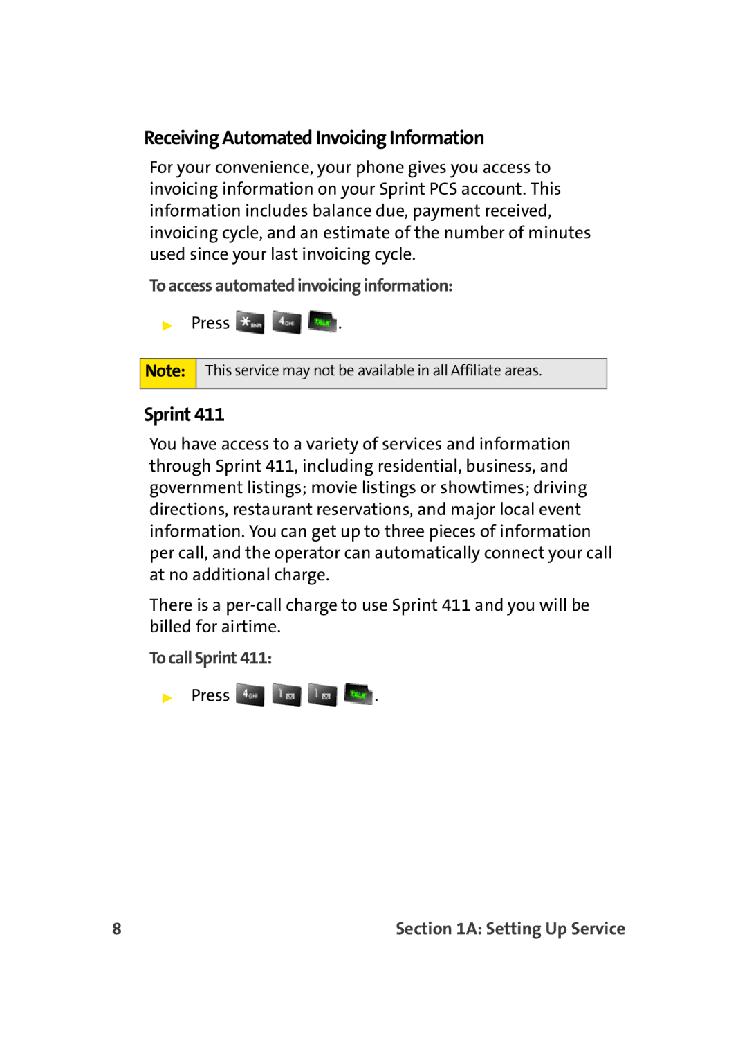 Sprint Nextel M500 manual Receiving Automated Invoicing Information, Sprint, To access automated invoicing information 