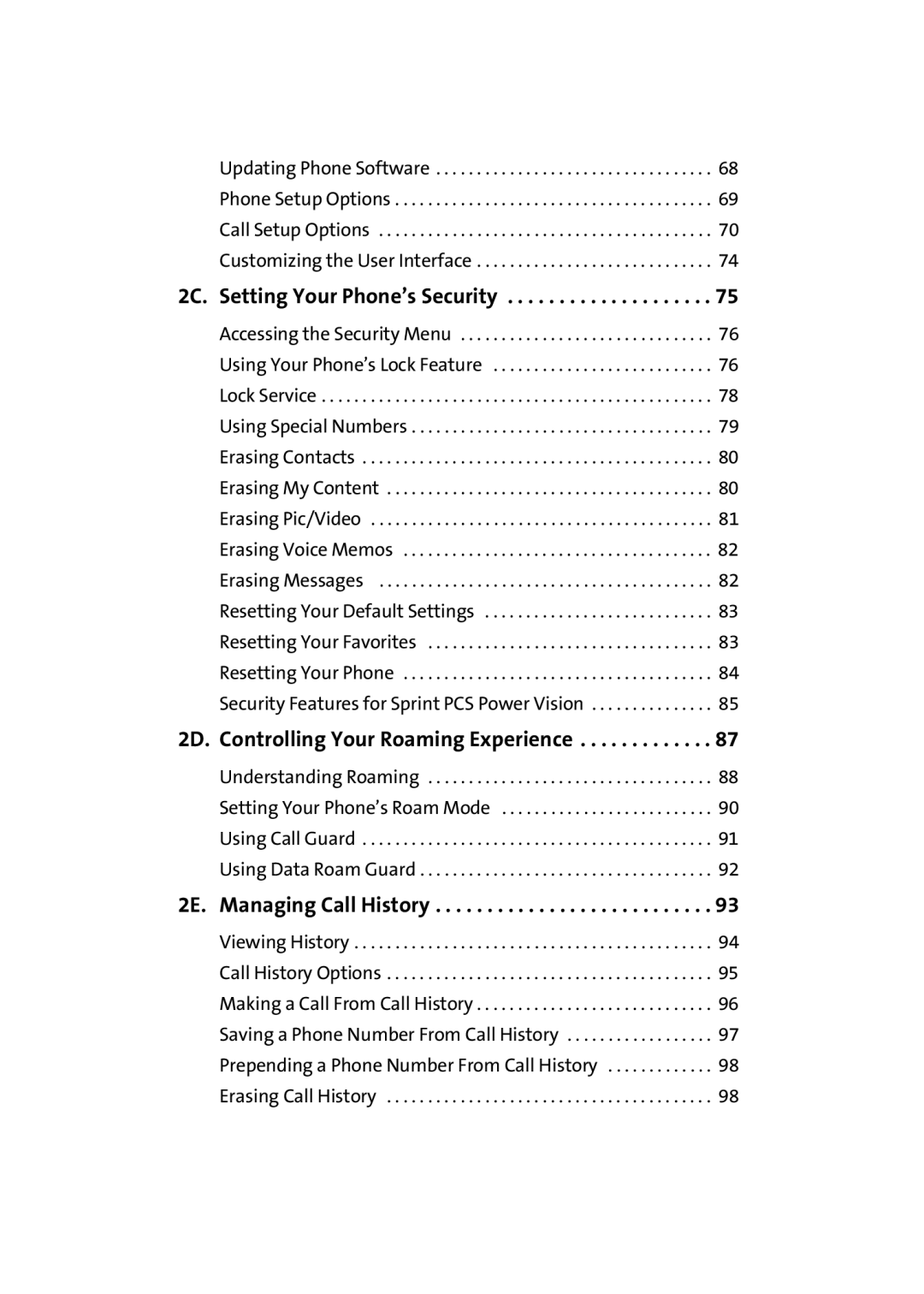 Sprint Nextel M500 2C. Setting Your Phone’s Security, 2D. Controlling Your Roaming Experience, 2E. Managing Call History 