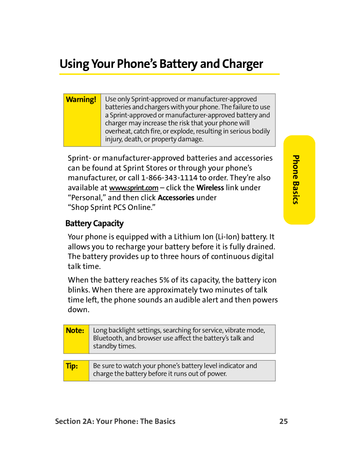 Sprint Nextel M500 manual Using Your Phone’s Battery and Charger, Battery Capacity 