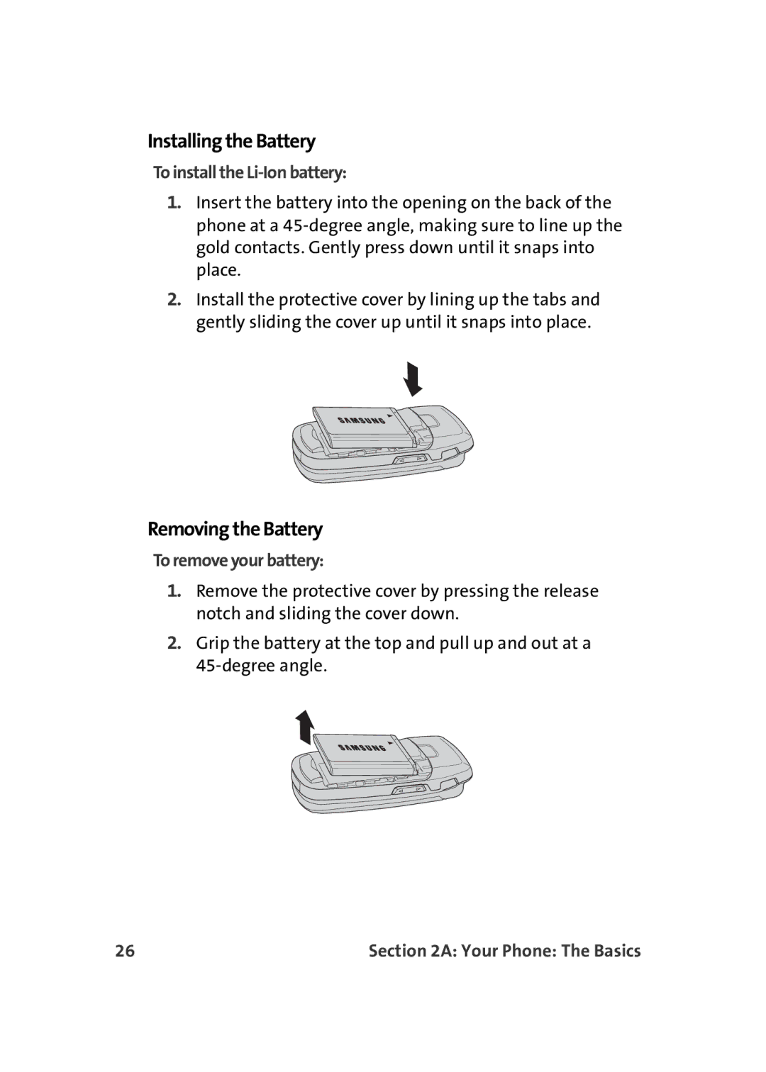 Sprint Nextel M500 Installing the Battery, Removing the Battery, To install the Li-Ion battery, To remove your battery 