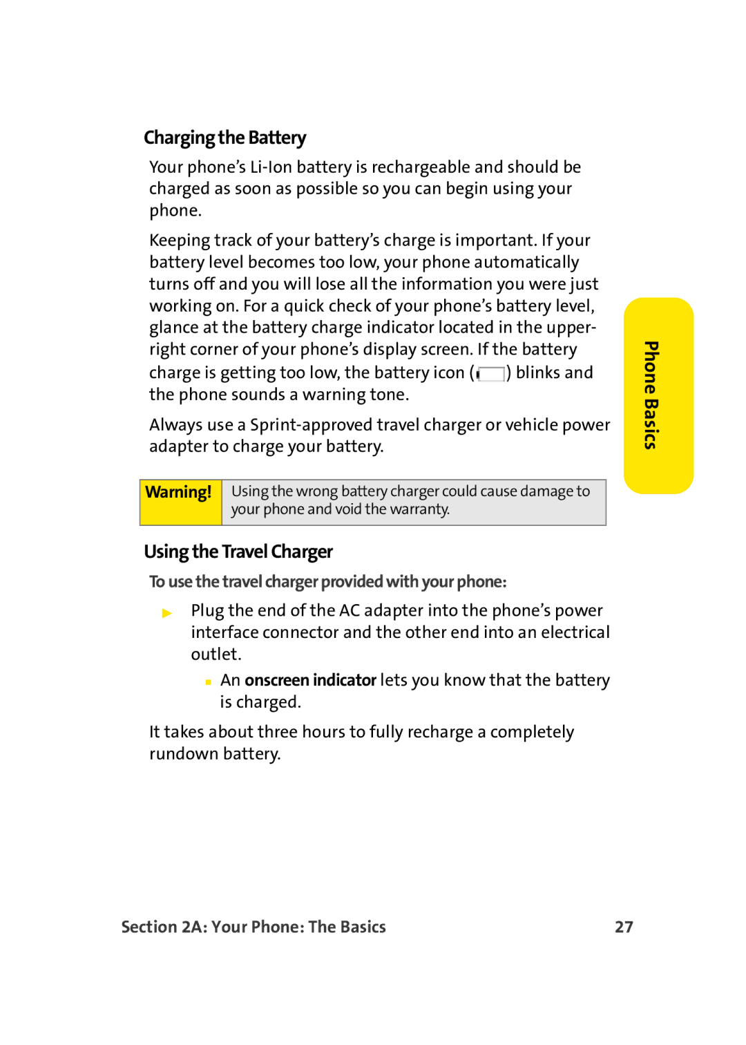 Sprint Nextel M500 Charging the Battery, Using the Travel Charger, To use the travel charger provided with your phone 