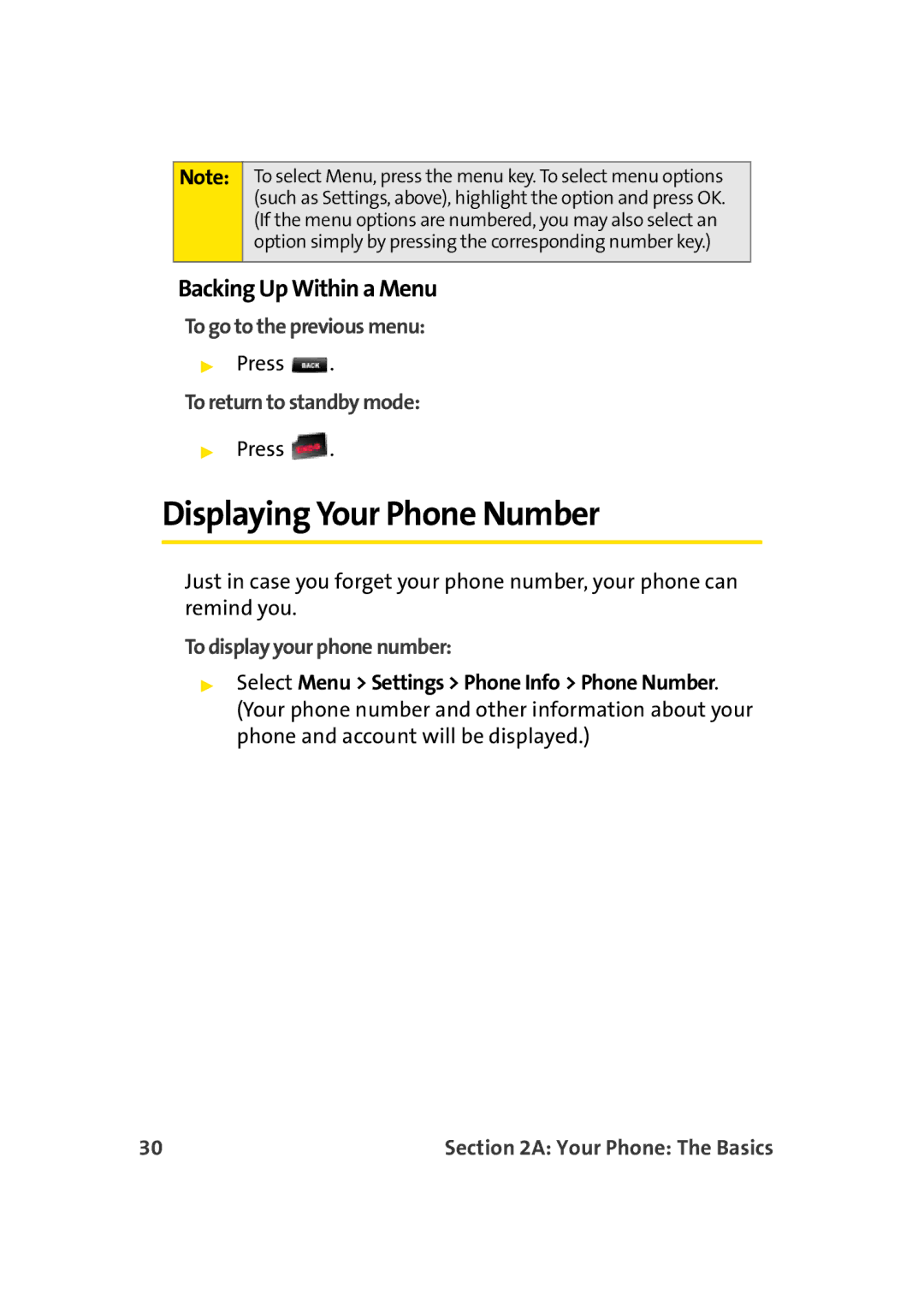 Sprint Nextel M500 manual Displaying Your Phone Number, Backing Up Within a Menu, To go to the previous menu 