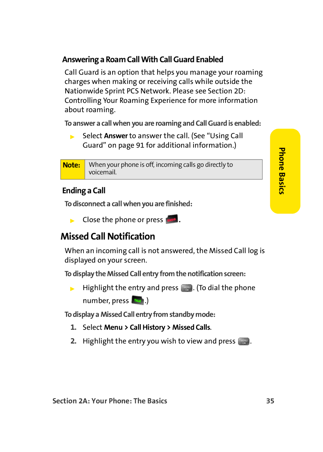 Sprint Nextel M500 manual Missed Call Notification, Answering a Roam Call With Call Guard Enabled, Ending a Call 