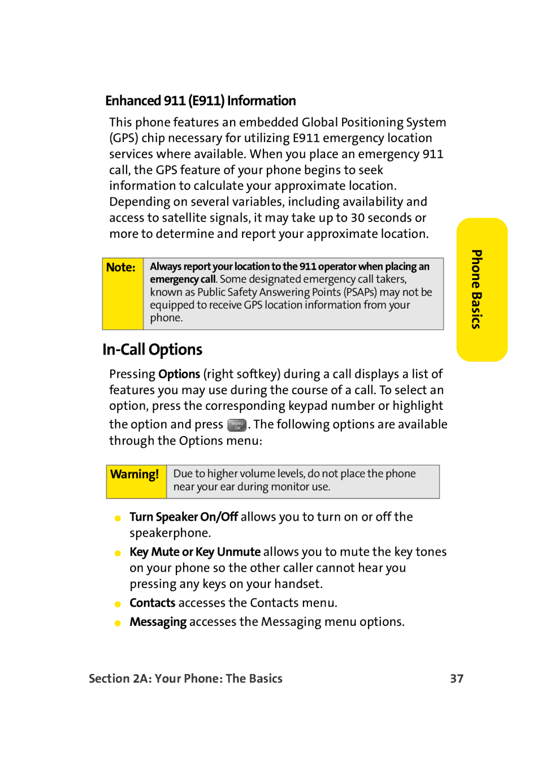 Sprint Nextel M500 manual In-Call Options, Enhanced 911 E911 Information 