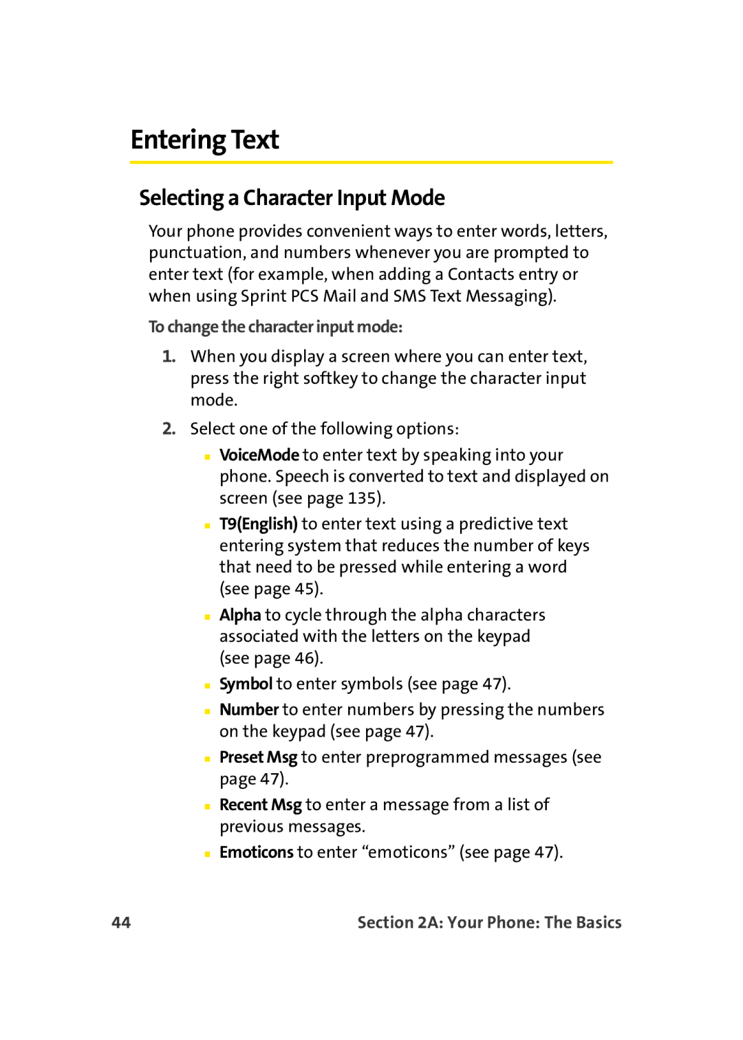 Sprint Nextel M500 manual Entering Text, Selecting a Character Input Mode, To change the character input mode 