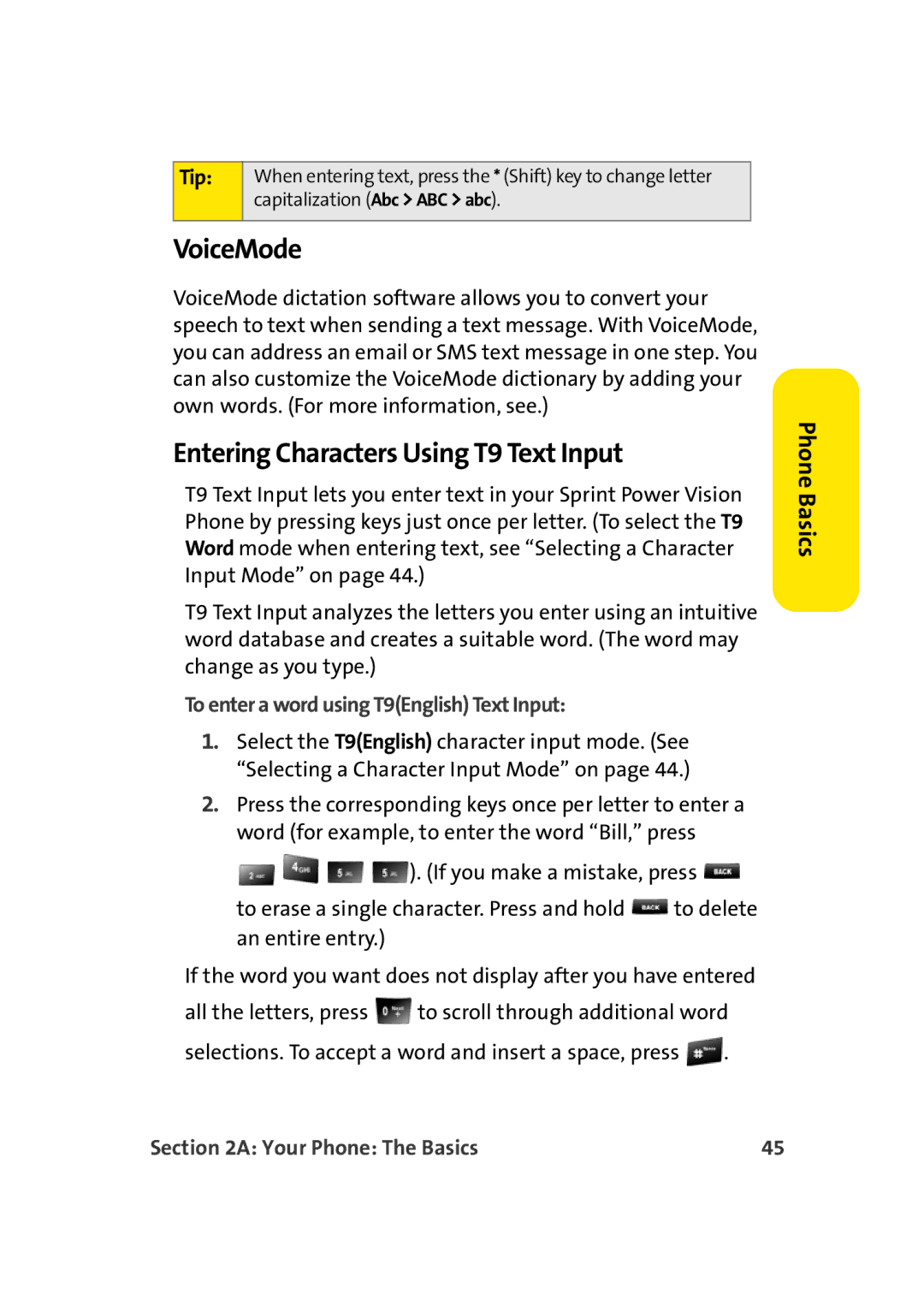 Sprint Nextel M500 manual VoiceMode, Entering Characters Using T9 Text Input, To enter a word using T9English Text Input 