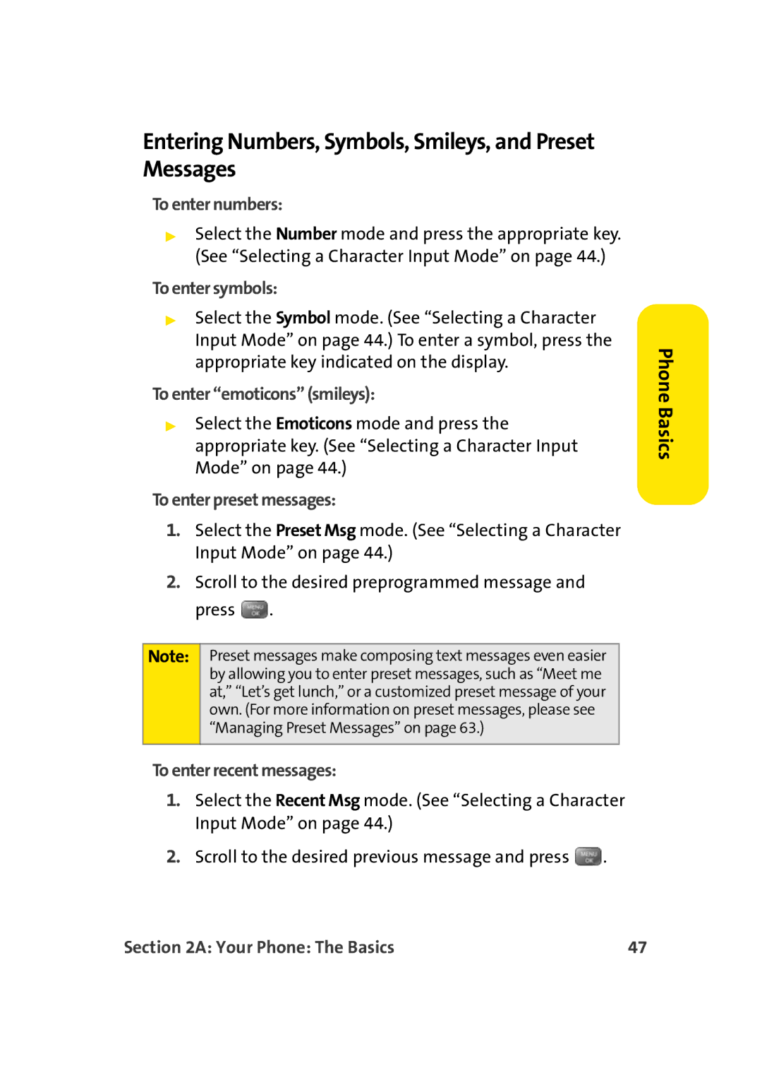 Sprint Nextel M500 manual Entering Numbers, Symbols, Smileys, and Preset Messages 