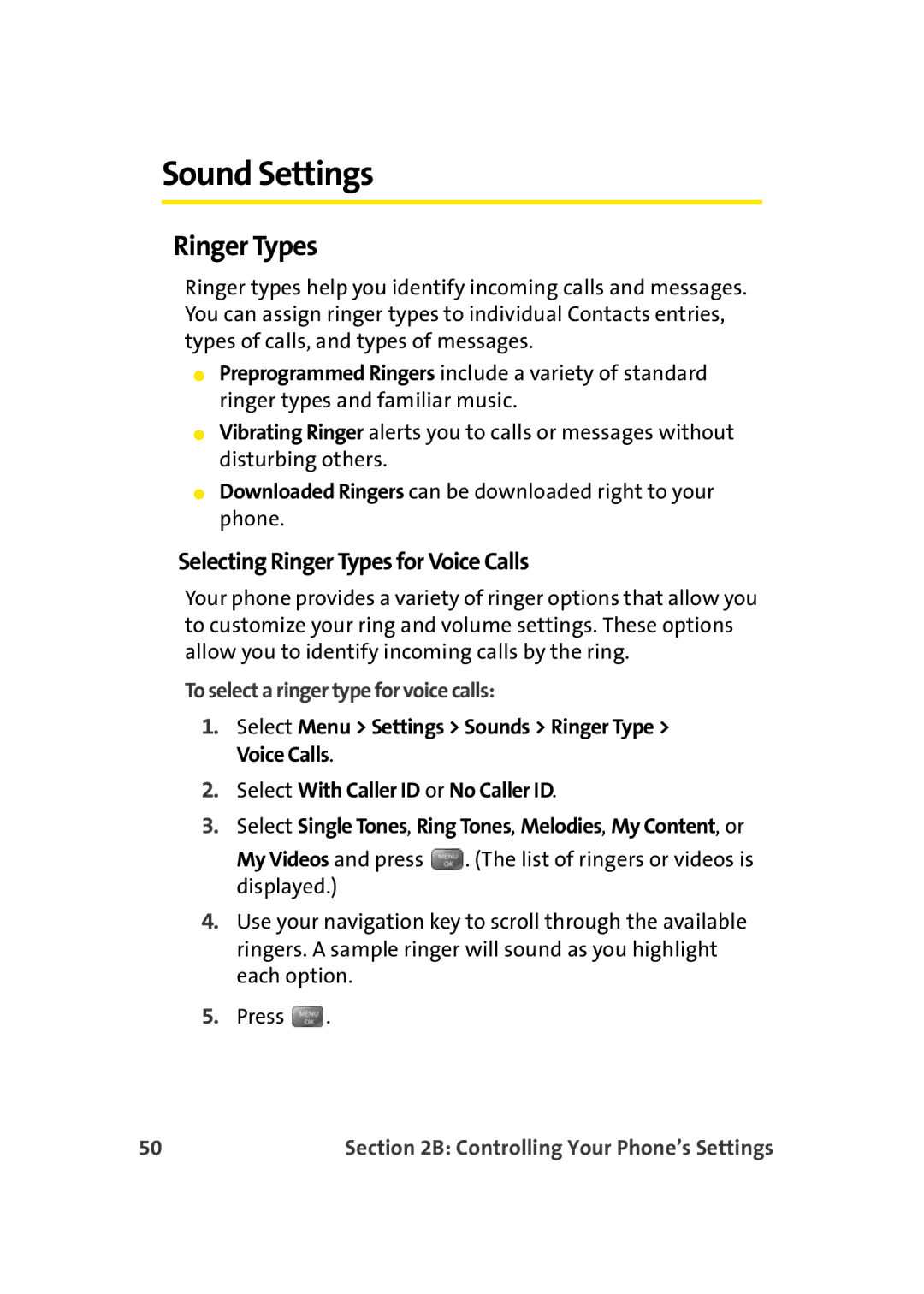 Sprint Nextel M500 Sound Settings, Selecting Ringer Types for Voice Calls, To select a ringer type for voice calls 