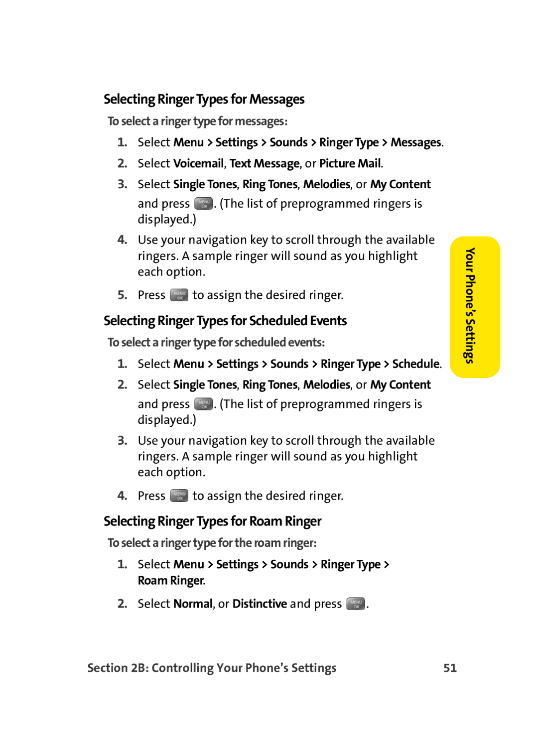 Sprint Nextel M500 manual Selecting Ringer Types for Messages, Selecting Ringer Types for Scheduled Events 