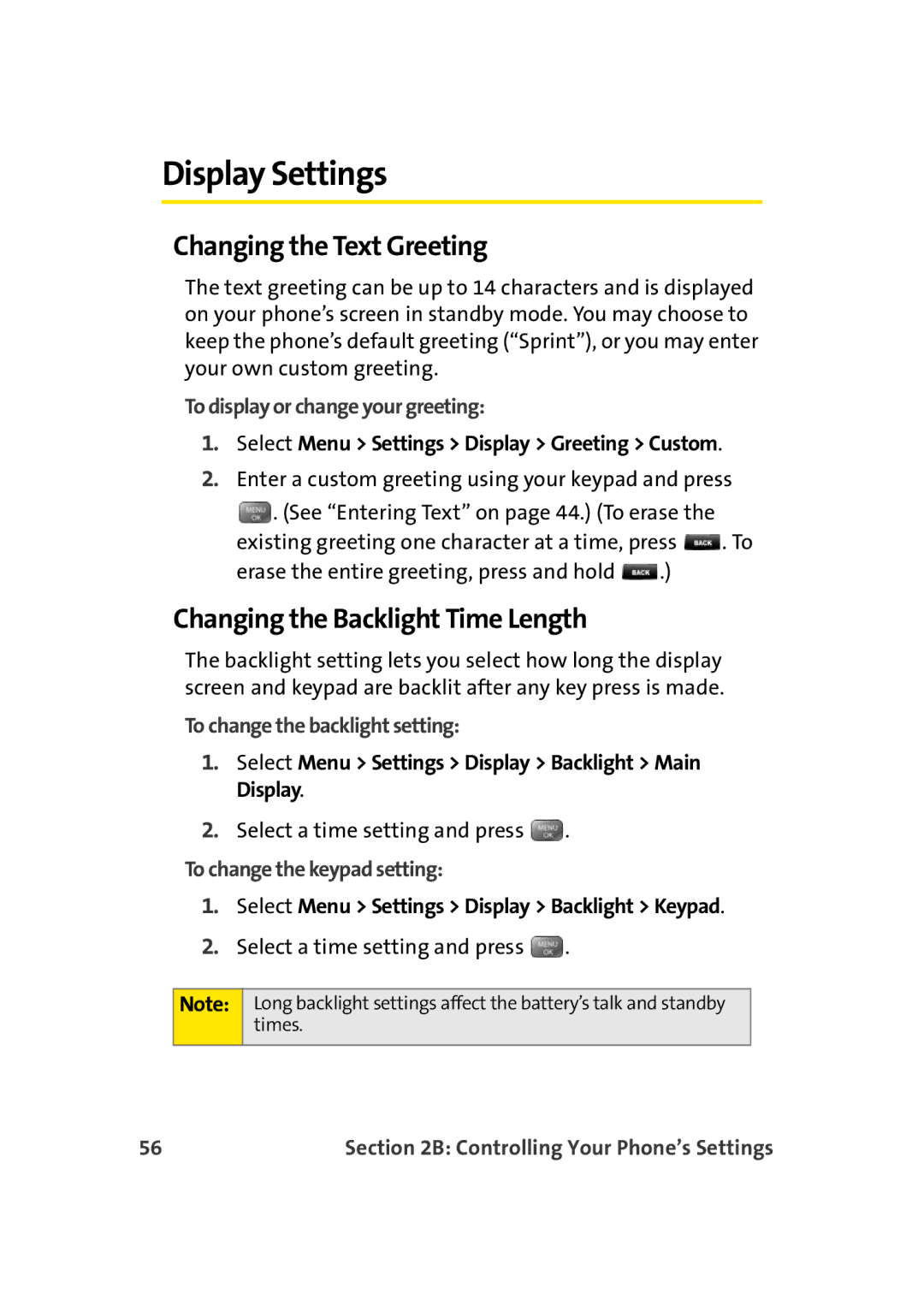 Sprint Nextel M500 manual Display Settings, Changing the Text Greeting, Changing the Backlight Time Length 