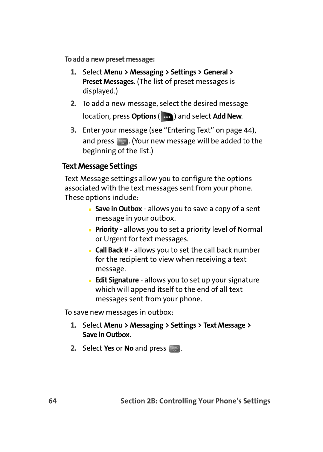 Sprint Nextel M500 manual Text Message Settings, To add a new preset message 