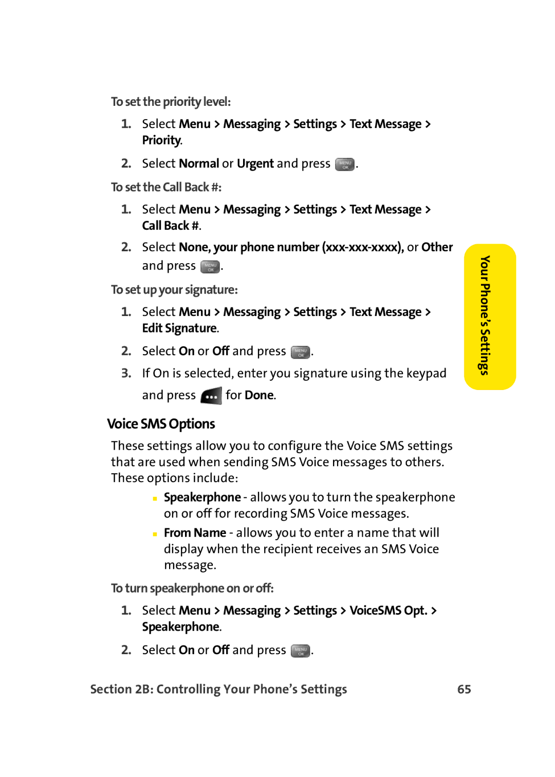 Sprint Nextel M500 manual Voice SMS Options, To set the priority level, To set the Call Back #, To set up your signature 