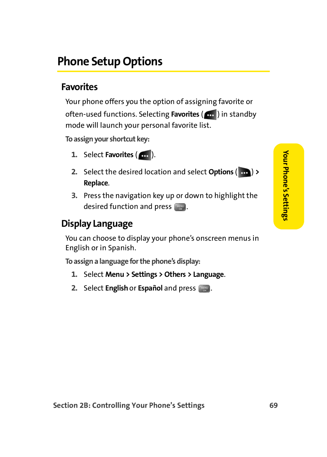 Sprint Nextel M500 manual Phone Setup Options, Favorites, Display Language, To assign your shortcut key 