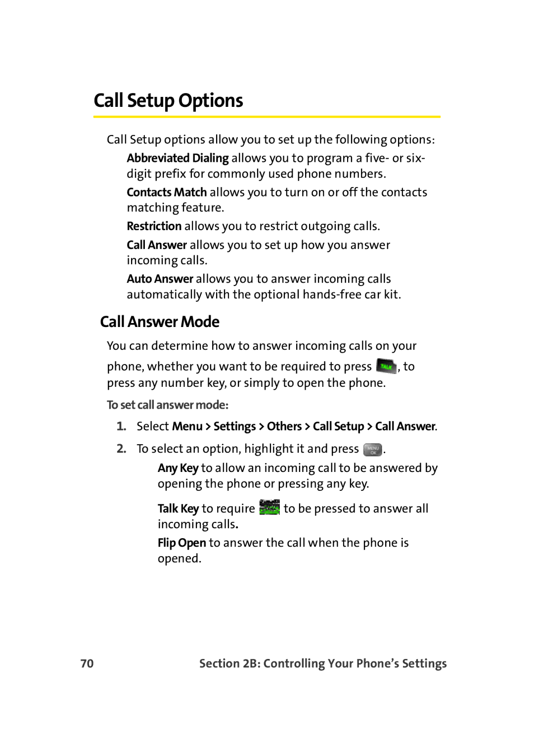 Sprint Nextel M500 manual Call Setup Options, Call Answer Mode, To set call answer mode 