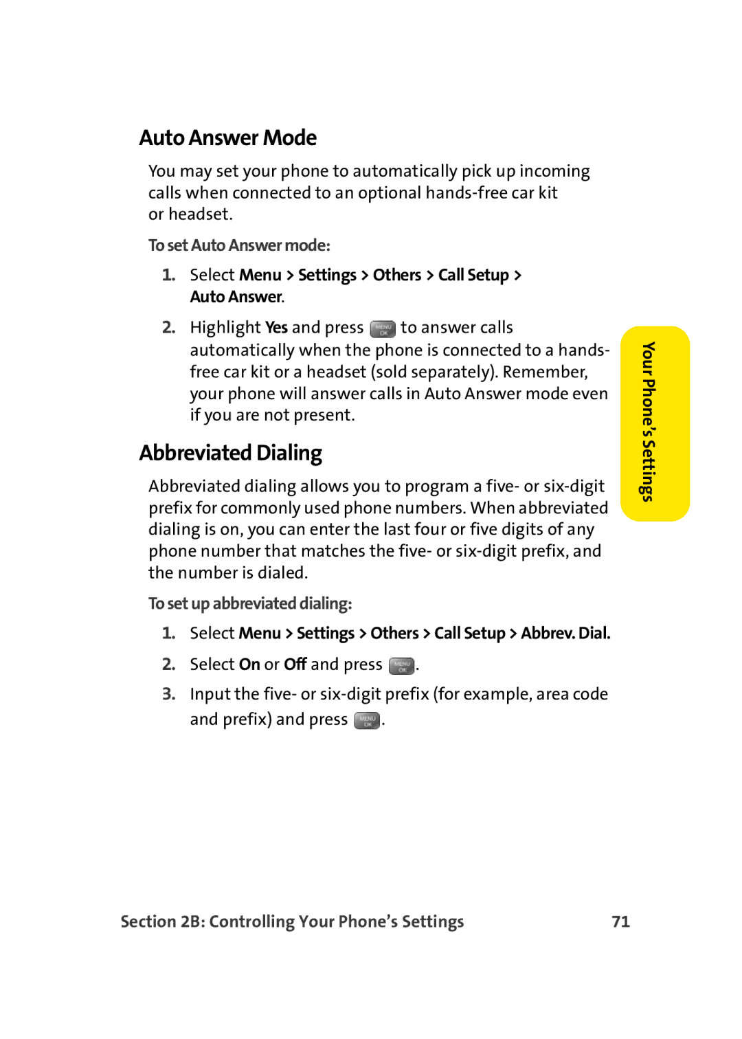 Sprint Nextel M500 manual Auto Answer Mode, Abbreviated Dialing, To set Auto Answer mode, To set up abbreviated dialing 