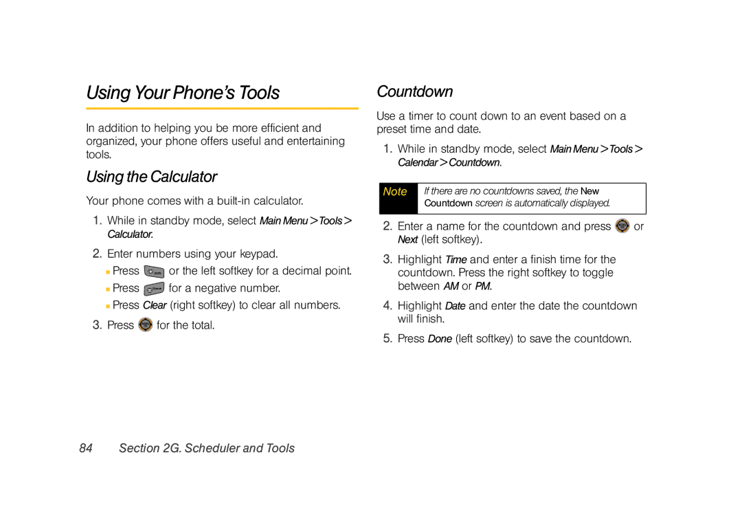 Sprint Nextel M520 Using Your Phone’s Tools, Using the Calculator, Countdown, Your phone comes with a built-in calculator 