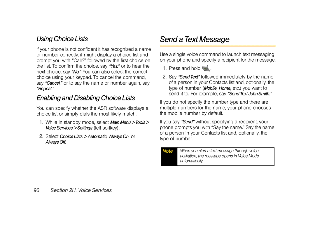 Sprint Nextel M520 manual Send a Text Message, Using Choice Lists, Enabling and Disabling Choice Lists 