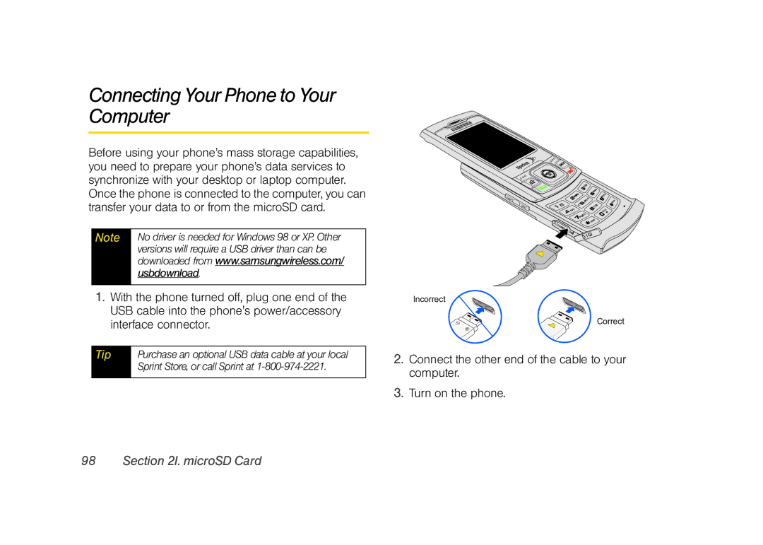 Sprint Nextel M520 Connecting Your Phone to Your Computer, Usbdownload, Versions will require a USB driver than can be 