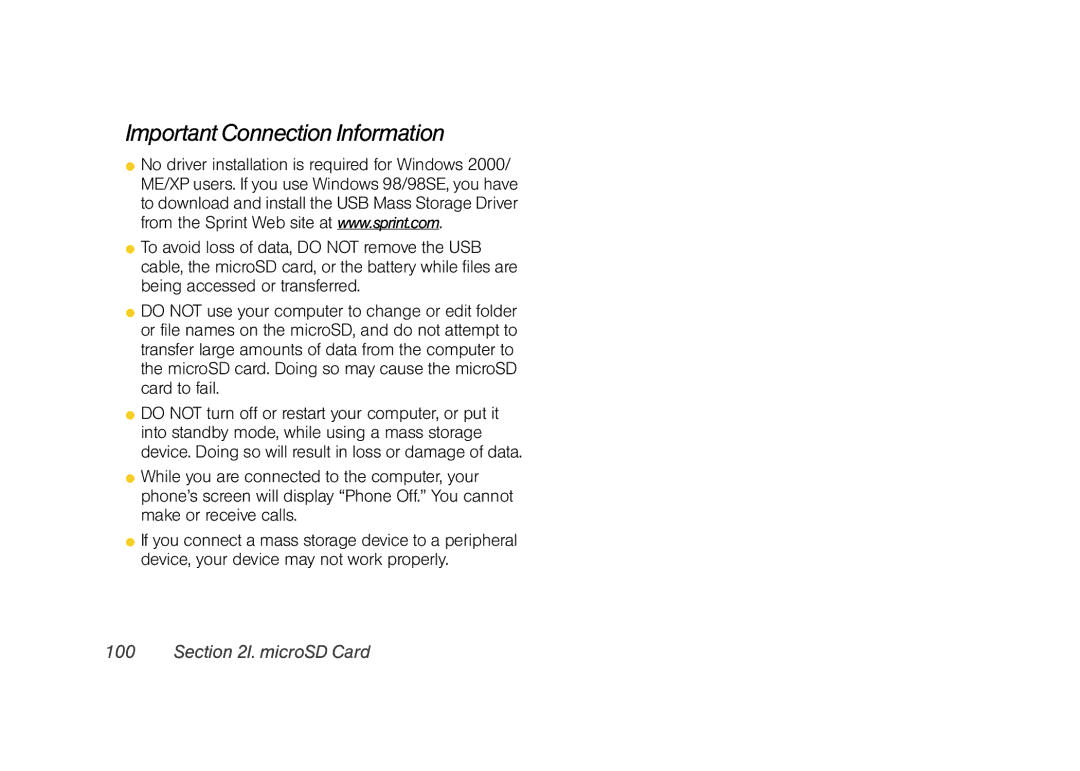 Sprint Nextel M520 manual Important Connection Information 