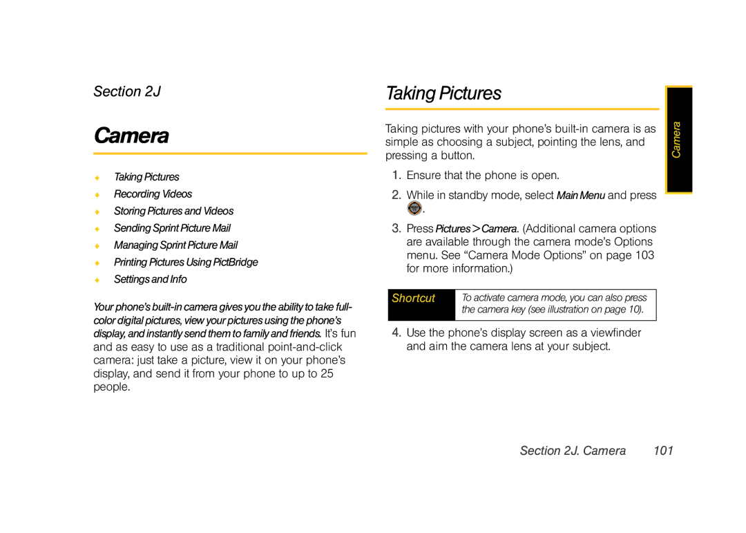 Sprint Nextel M520 manual Taking Pictures, Camera 101 