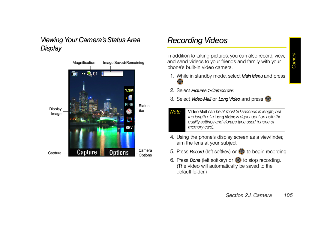 Sprint Nextel M520 Recording Videos, Viewing Your Camera’s Status Area Display, Camera 105, Select Pictures Camcorder 