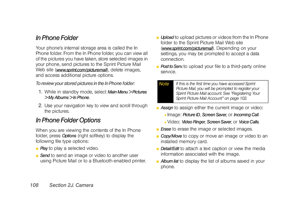 Sprint Nextel M520 manual Phone Folder Options, To review your stored pictures in the In Phone folder 