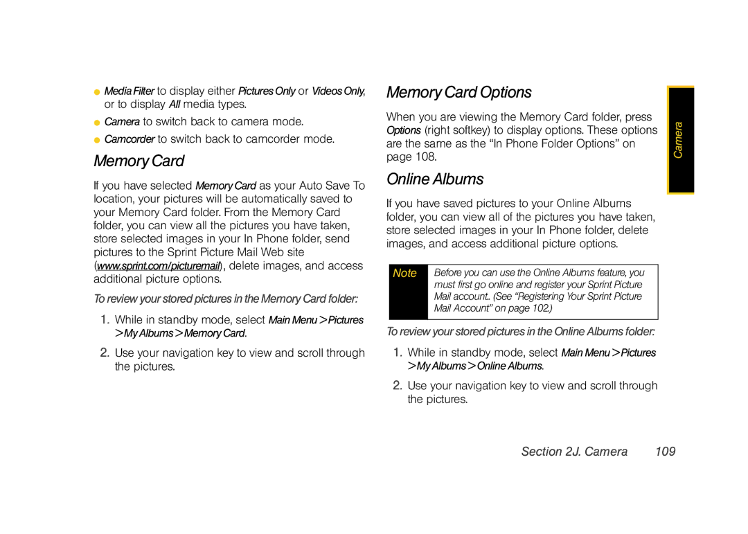 Sprint Nextel M520 manual Memory Card Options, Online Albums, Camera 109 