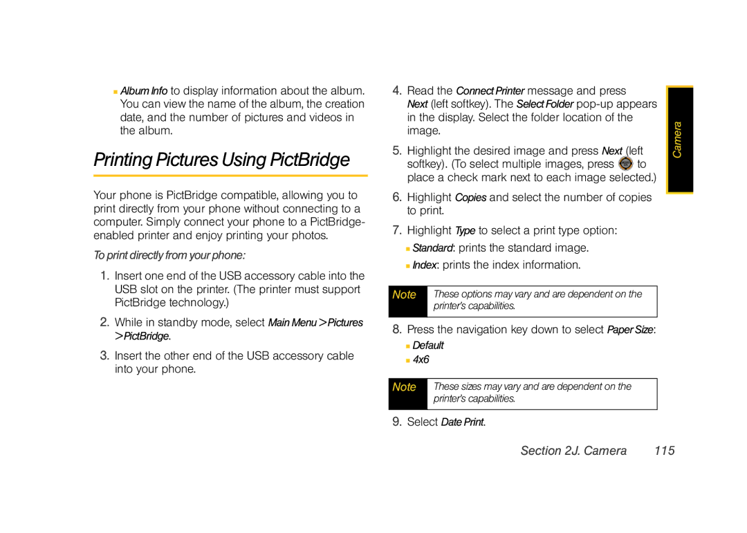 Sprint Nextel M520 manual Printing Pictures Using PictBridge, To print directly from your phone, Camera 115 