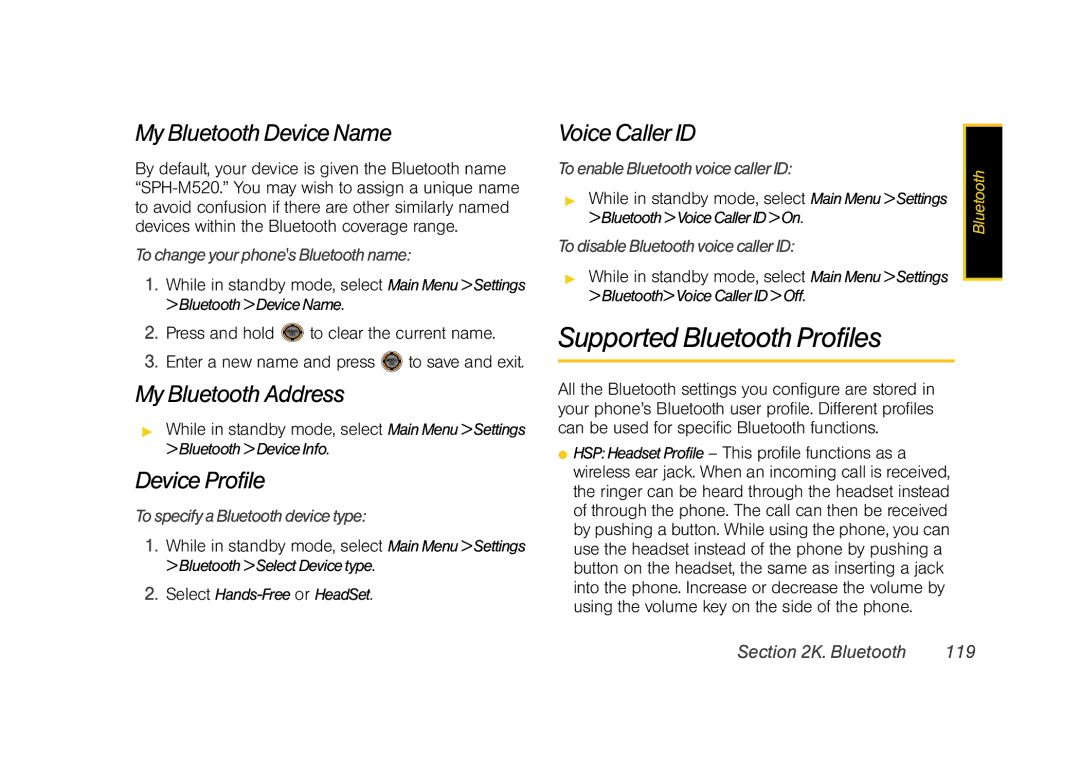 Sprint Nextel M520 manual Supported Bluetooth Profiles, My Bluetooth Device Name, My Bluetooth Address, Device Profile 