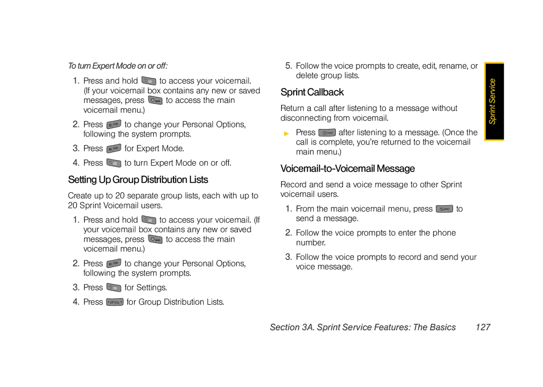 Sprint Nextel M520 manual Setting Up Group Distribution Lists, Sprint Callback, Voicemail-to-Voicemail Message 