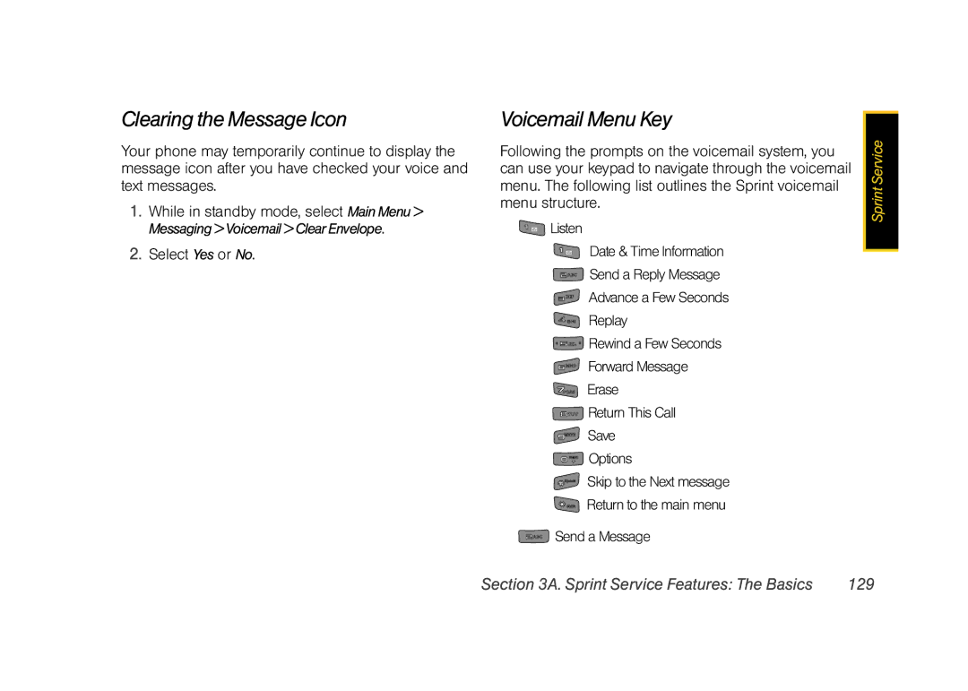 Sprint Nextel M520 manual Clearing the Message Icon, Voicemail Menu Key, Sprint Service Features The Basics 129 