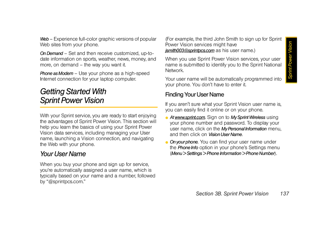 Sprint Nextel M520 manual Getting Started With Sprint Power Vision, Finding Your User Name, Sprint Power Vision 137 