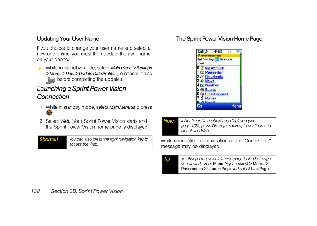 Sprint Nextel M520 manual Launching a Sprint Power Vision Connection, Updating Your User Name, Sprint Power Vision Home 