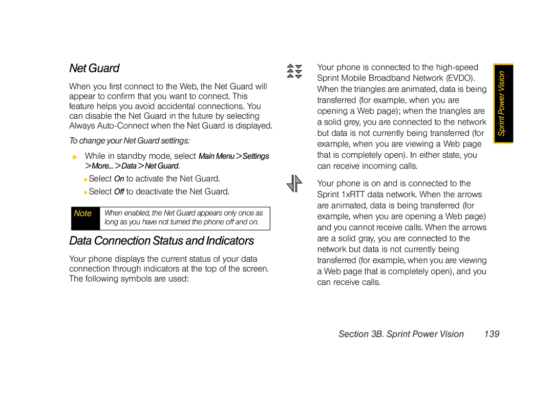 Sprint Nextel M520 Data Connection Status and Indicators, To change your Net Guard settings, Sprint Power Vision 139 