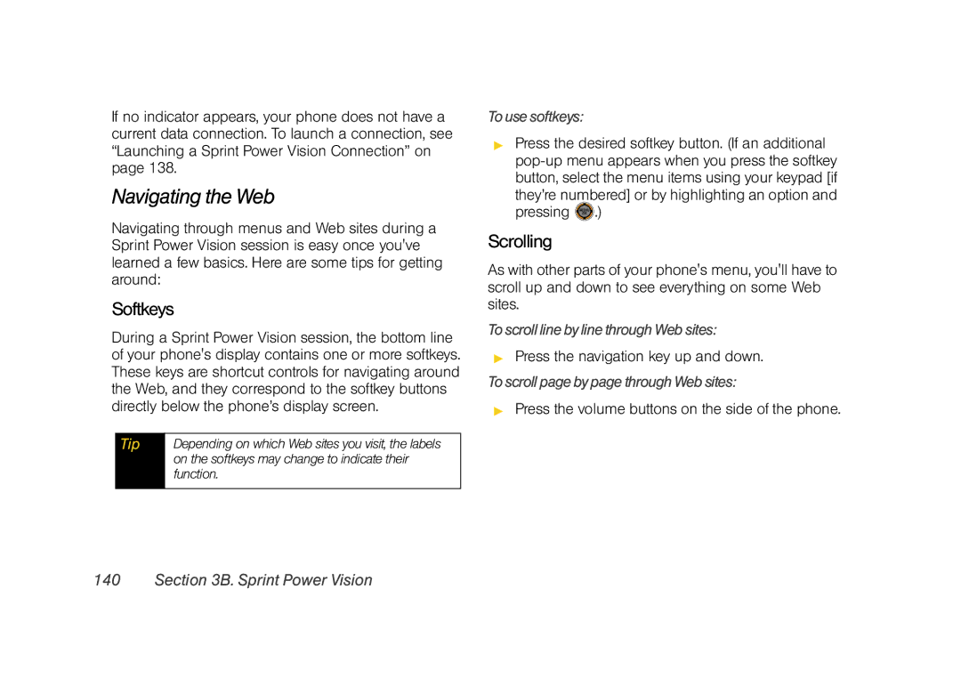 Sprint Nextel M520 manual Navigating the Web, Softkeys, Scrolling 