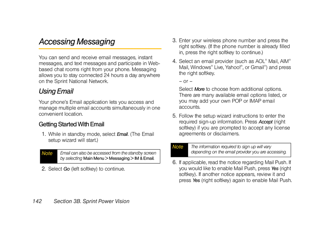 Sprint Nextel M520 Accessing Messaging, Using Email, Getting Started With Email, Information required to sign up will vary 