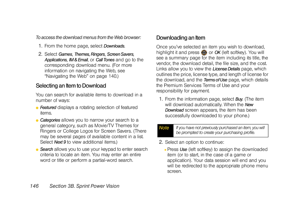 Sprint Nextel M520 manual Selecting an Item to Download, Downloading an Item, From the home page, select Downloads 