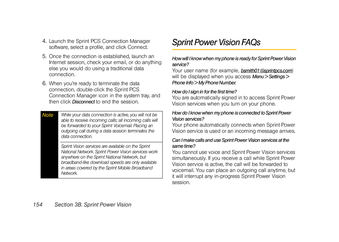 Sprint Nextel M520 manual Sprint Power Vision FAQs, Data connection, Sprint Vision services are available on the Sprint 