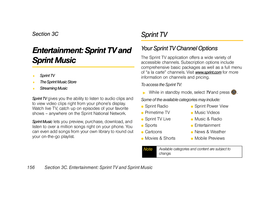 Sprint Nextel M520 manual Entertainment Sprint TV and Sprint Music, Your Sprint TV Channel Options 