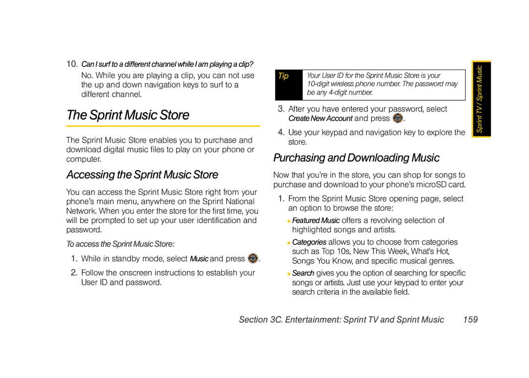 Sprint Nextel M520 manual Accessing the Sprint Music Store, Purchasing and Downloading Music 