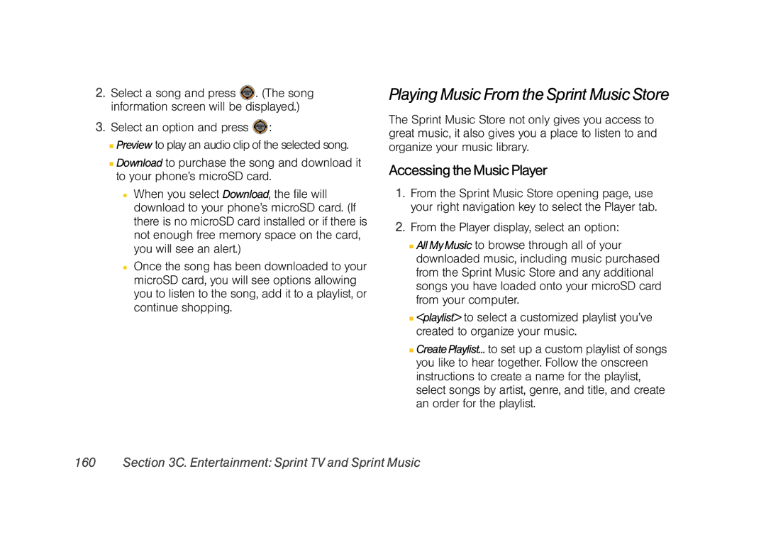 Sprint Nextel M520 manual Playing Music From the Sprint Music Store, Accessing the Music Player 